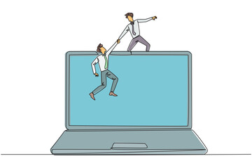 Single one line drawing businessman helping colleague to climb a big laptop computer. Help create applications to develop business online. Great teamwork. Continuous line design graphic illustration