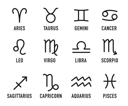 Zodiac signs set isolated on white background. Star signs for the astrological horoscope. Zodiac line symbols. Set of black astrological signs isolated on white background. Vector illustration