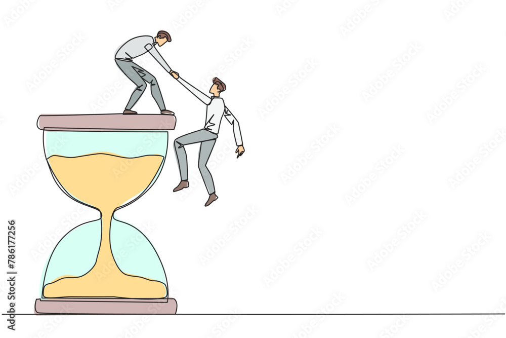 Poster single continuous line drawing businessman helps colleague climb the large hourglass. have many assi