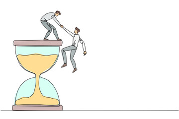 Single continuous line drawing businessman helps colleague climb the large hourglass. Have many assignment deadlines. Sharing with colleagues will become easier. One line design vector illustration