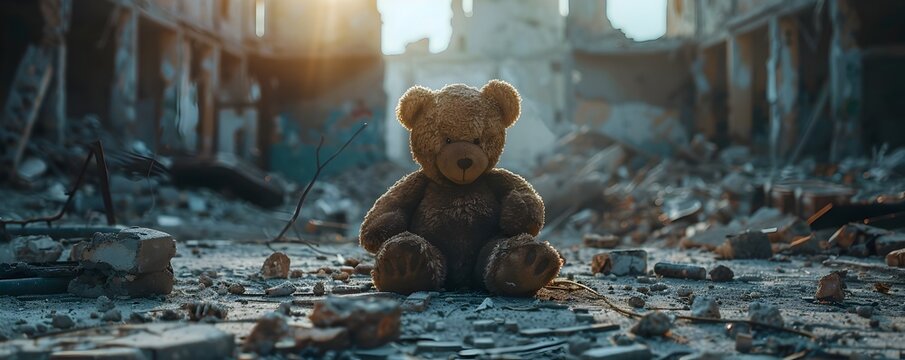 Lone Teddy Bear Amidst Rubble of Bombed Out Building Symbolizing Lost Childhood Innocence in War Torn Areas