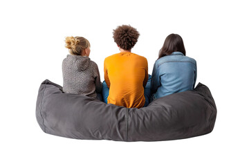 Friends watching TV on single bean bag cushion Isolated on transparent background.