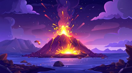 An exploding volcano on an island with lava and smoke. A sprite sheet of volcanic eruption and exploding infographic. Illustration for videogame apps.