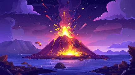 Poster An exploding volcano on an island with lava and smoke. A sprite sheet of volcanic eruption and exploding infographic. Illustration for videogame apps. © Mark