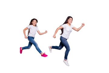 Full length body size profile side view of two nice crazy sweet lovely attractive cheerful funny slim people in white t-shirt jeans denim rush hour isolated over blue pastel background