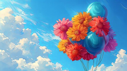 Fototapeta na wymiar Balloon and flower bouquet for party birthday celebration flying