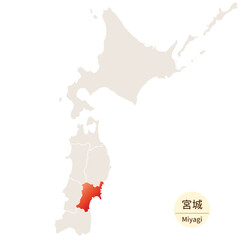 宮城県の明るく美しい地図、北海道・東北地方の中の宮城県