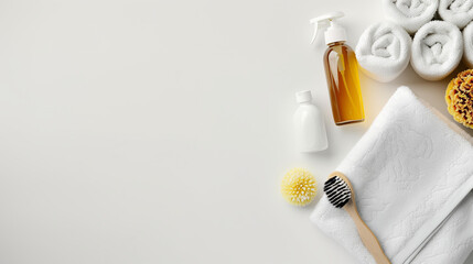 
Ecofriendly cleaning or scincare cosmetics products with organic oils and white towels on a light background, copy space for a text banner template
