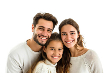 Front view of a mid shot of a Couple smiling with teen girl Isolated on transparent background.