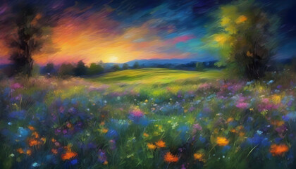 Fototapeta na wymiar A tranquil wildflower meadow landscape. Abstract art.