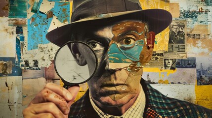 A man with a magnifying glass. Collage art.