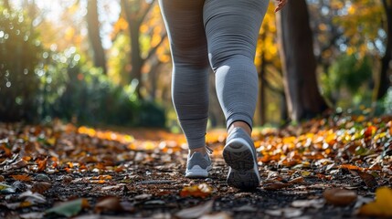 A overweight woman leg walking in park in order to get fit with a big space for text or product advertisement, Generative AI.