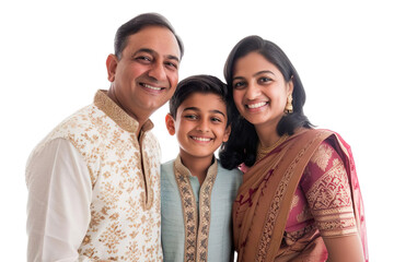 Front view of a mid shot of a Indian Couple smiling with teen boy Isolated on transparent background.