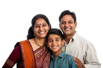 Front view of a mid shot of a Indian Couple smiling with teen boy Isolated on transparent background.