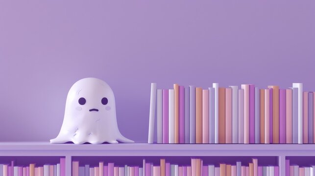 Minimal cartoon of a cute ghost on a bookshelf on a pastel lavender background with text space above.