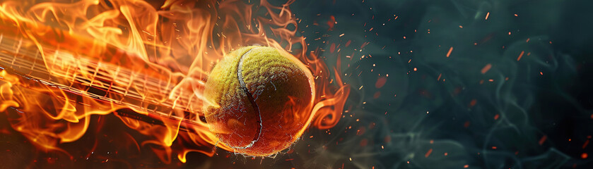 Tennis ball in flames on black background, Ai Generated