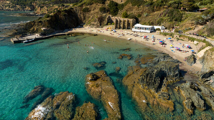 Aerial view of Bega Sa Canna beach near Porto Flavia in southern Sardinia, Italy. The sea is...