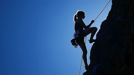 Silhouetted Rock Climber Scaling Challenging Cliff Face with Determination Adventure and Courage Amidst High Contrast Scenic Landscape