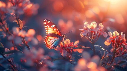 Create a whimsical scene where delicate butterflies flit among blooming flowers, their iridescent wings shimmering in the soft glow of twilight.