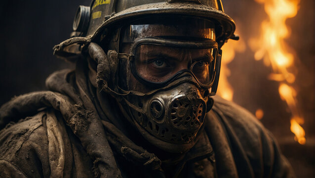 Heroic firefighter in apocaliyptic dystopic scene with helmet and gas mask looking feared and frightend