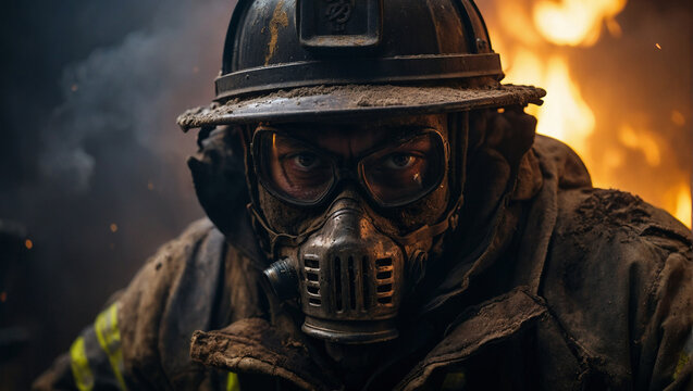 Heroic firefighter in apocaliyptic dystopic scene with helmet and gas mask looking feared and frightend