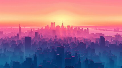 Fototapeta premium Sunrise Over Urban Skyline with Pink and Orange Hues
