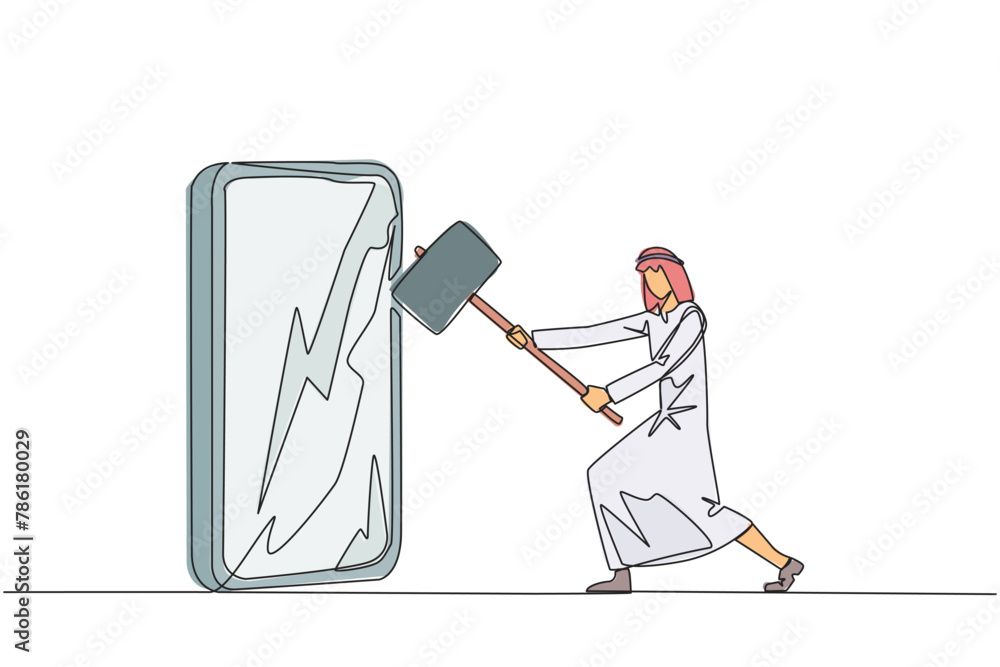 Poster continuous one line drawing arabian businessman preparing to hit big smartphone. technology can dest