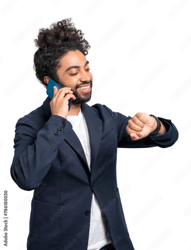 Poster a smiling man in a business suit checking time while talking on a phone, isolated on a white backgro