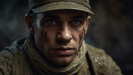 Fototapeta premium Portrait of a poor frightened World War Soldier in a Trench with fear in his eyes