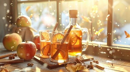 Apple cider cinnamon sticks glasses and bottle depicted against a bright background with a window