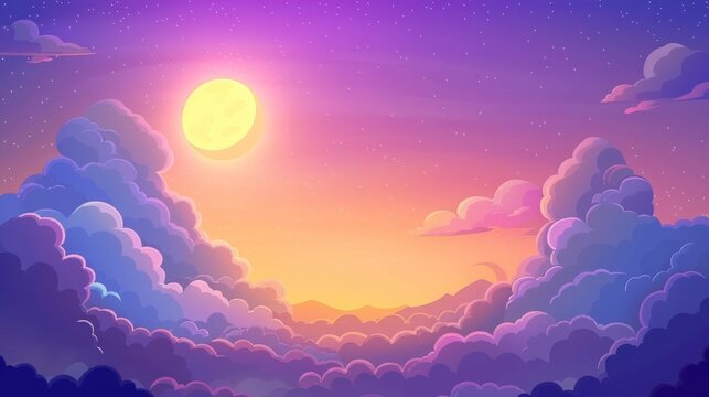 With a gradient colored cloudy heaven and moon and curve shaped haze, this cartoon skyscape depicts sunset or sunrise with fluffy anime clouds.