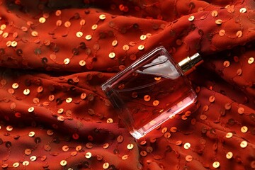 Luxury perfume in bottle on red fabric with sequins, top view