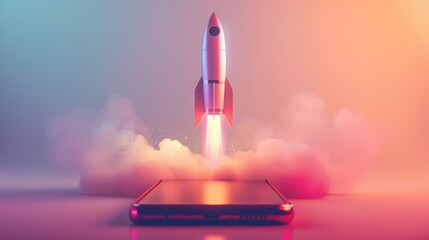Rocket launching from a smartphone screen. Startup success, business innovation, modern technology concept background with free place for text