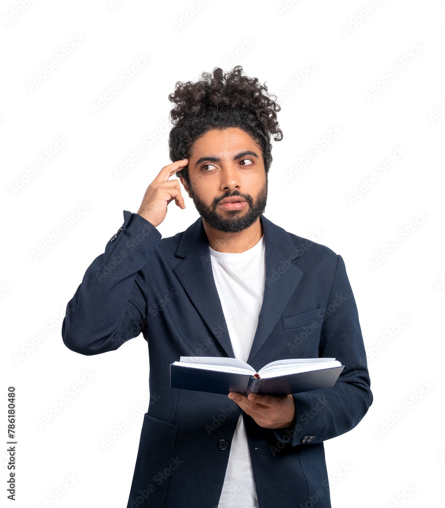 Poster a man in a business suit with a puzzled expression holds an open book, isolated on a white backgroun