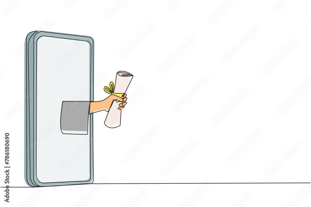 Aufkleber single continuous line drawing hand comes out from the middle of the smartphone holding a roll of gr