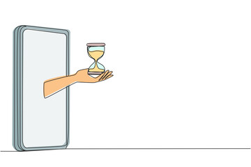 Single one line drawing hand coming out from the middle of the smartphone holding hourglass. National Customer Day is counting down. Online shopping day. Continuous line design graphic illustration