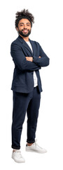 A smiling man in a business suit standing with arms crossed, photographed on an isolated white...