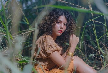 Curly-haired Young Woman Posing Thoughtfully in Nature