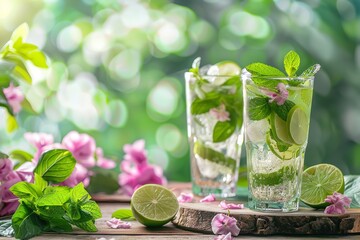Over a wooden table enclosed by summer blooms, organic mojito beverages with green lime slices and mint are served over open air and space, Generative AI.