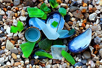 Shards of glass bottles rolled in by the sea, mussel shells, bottle caps on a pebble beach - obrazy, fototapety, plakaty