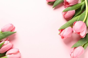 Happy Mother's Day. Beautiful tulips on pink background, flat lay. Space for text