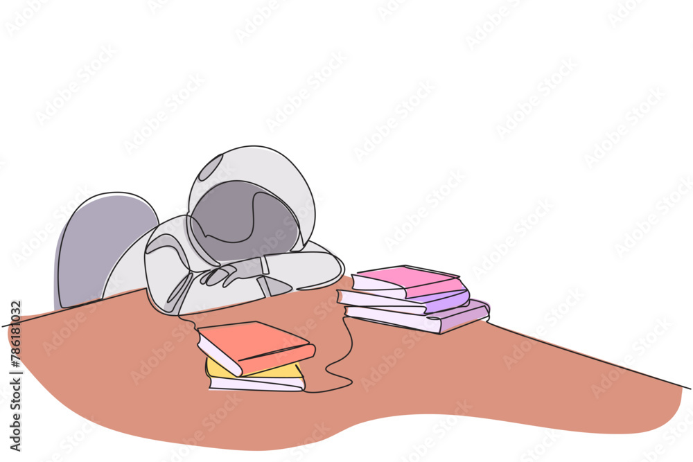 Poster single continuous line drawing astronaut asleep at table where there were piles of books. tired afte