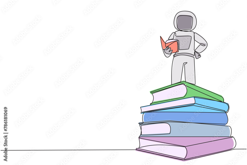 Aufkleber continuous one line drawing astronaut standing on a pile of books reading the fiction story book. in