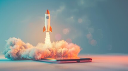 Fototapeta premium Rocket launching from a smartphone screen. Startup success, business innovation, modern technology concept background with free place for text