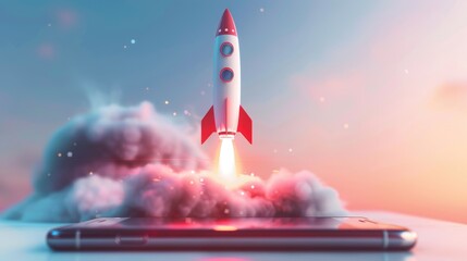 Rocket launching from a smartphone screen. Startup success, business innovation, modern technology concept background with free place for text