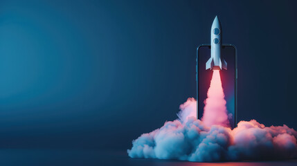 Fototapeta premium Rocket launching from a smartphone screen. Startup success, business innovation, modern technology concept background with free place for text