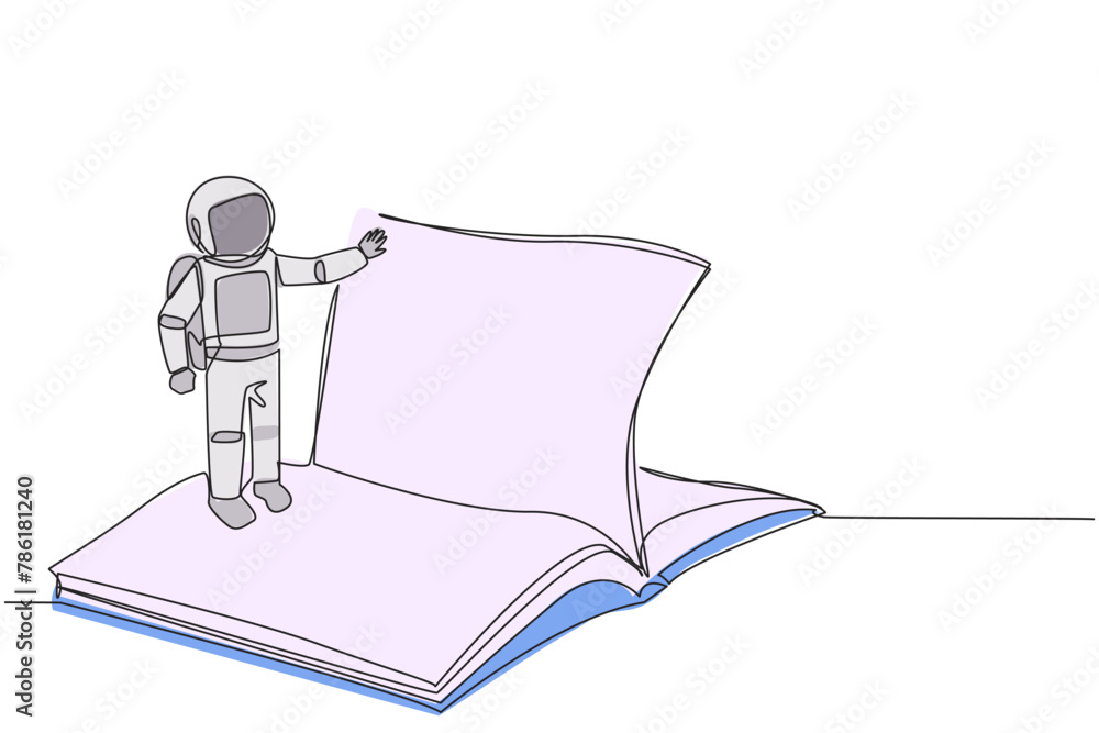 Poster continuous one line drawing astronaut standing over open ledger turning page. read slowly to underst