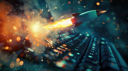 Rocket launching from a laptop screen. Startup success, business innovation, modern technology concept background with free place for text - obrazy, fototapety, plakaty