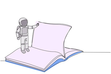 Continuous one line drawing astronaut standing over open ledger turning page. Read slowly to understand contents of each page. Reading increases insight. Single line draw design vector illustration