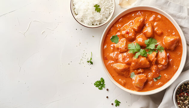 butter chicken with indian rice on light background